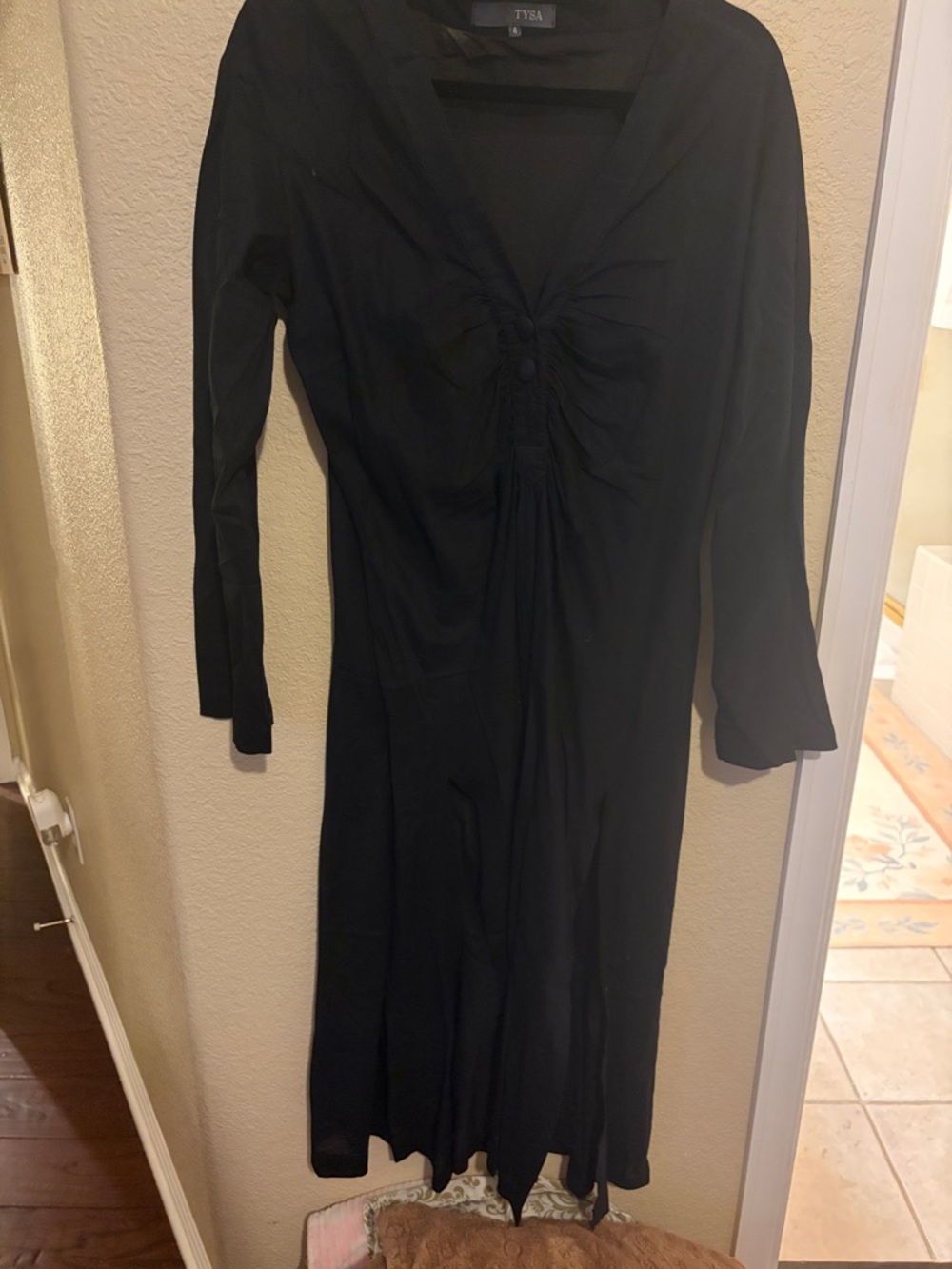 TYSA Black Long-Sleeve Ruched V-Neck Dress